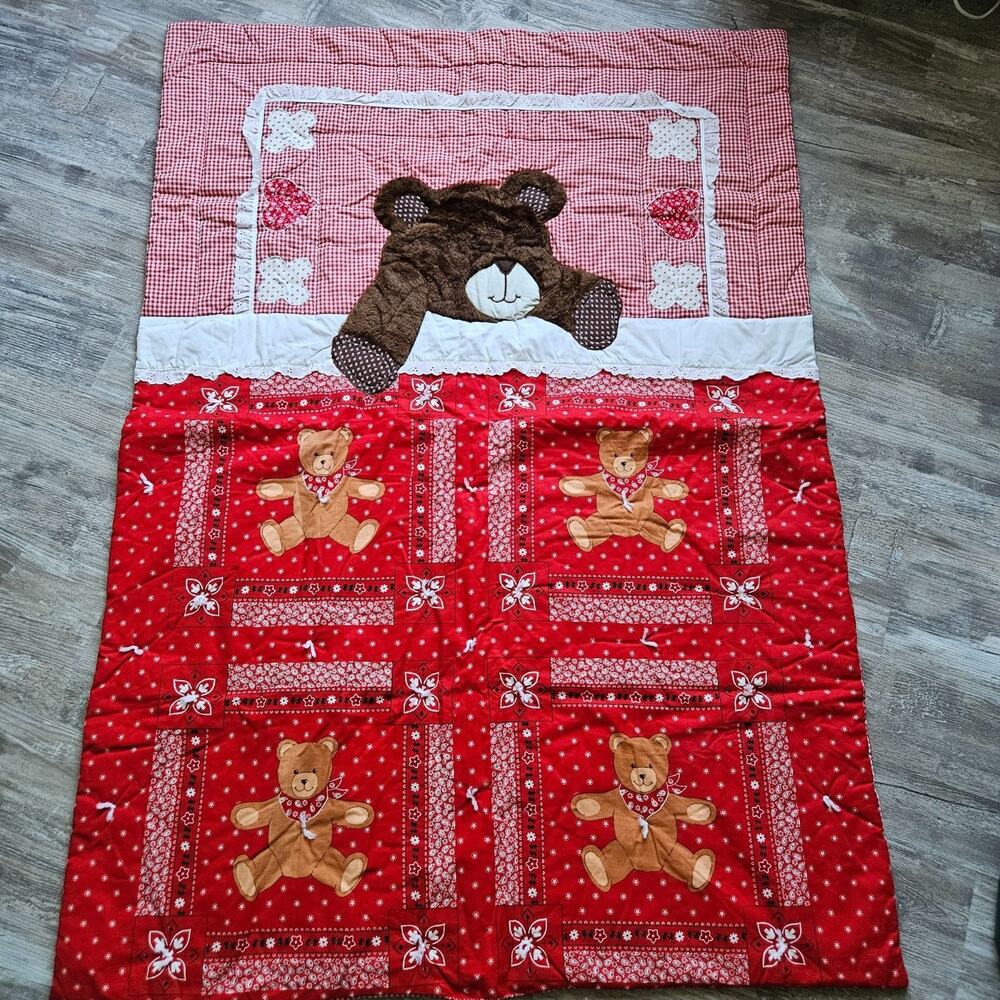 Teddy Bear Tucked In Bed Vintage 50s Baby Kid Blanket Red‎ Gingham Heart Bandana